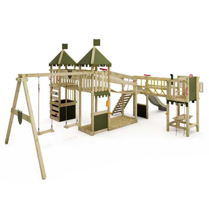 WICKEY speeltoestel klimtoestel JoyFlyer met houten dak & blauwe glijbaan, outdoor kinderspeeltoestel met zandbak, ladder & speelaccessoires voor de tuin
